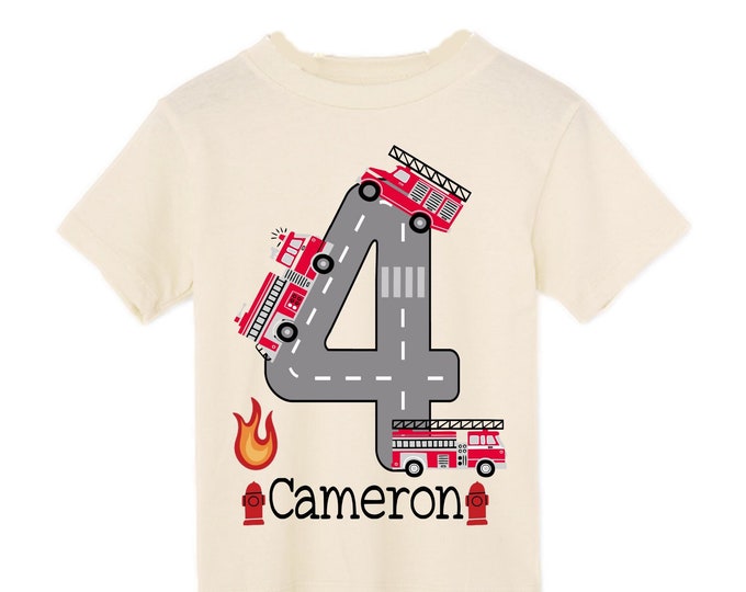 Personalized Sound the Alarm I'm 4Fire Truck FOUR  Raglan Monster Truck theme Birthday Shirt. Fourth Birthday. Boy's Fire Truck Birthday .