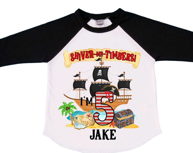 Personalized Pirate Ship FIVE Pirate Ship theme Birthday Shirt. Five Birthday. Boy's Pirate. Ahoy Matey, Arr Matey, Arrgh, Shiver Me Timber