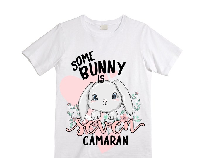 Some BUNNY is SEVEN - Rabbit Bunny Themed  Birthday Girl Shirt. Cake Smash Short Sleeve Birthday Shirt. 7th . Birthday Shirt
