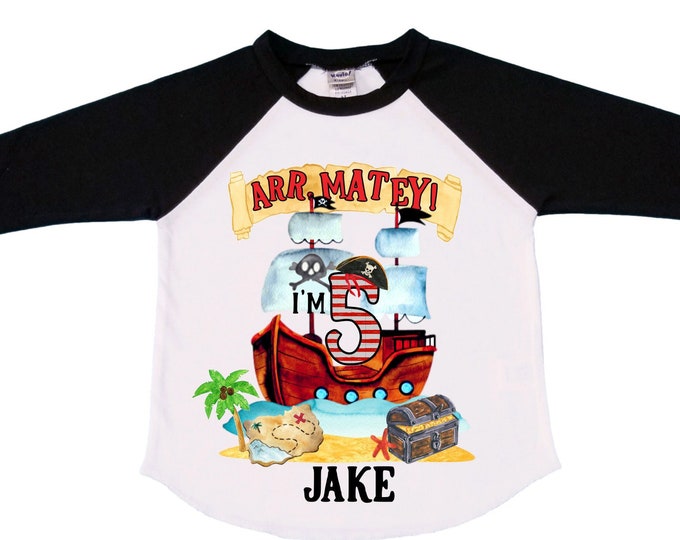 Personalized Pirate Ship FIVE Pirate Ship theme Birthday Shirt. Five Birthday. Boy's Pirate. Ahoy Matey, Arr Matey, Arrgh, Shiver Me Timber