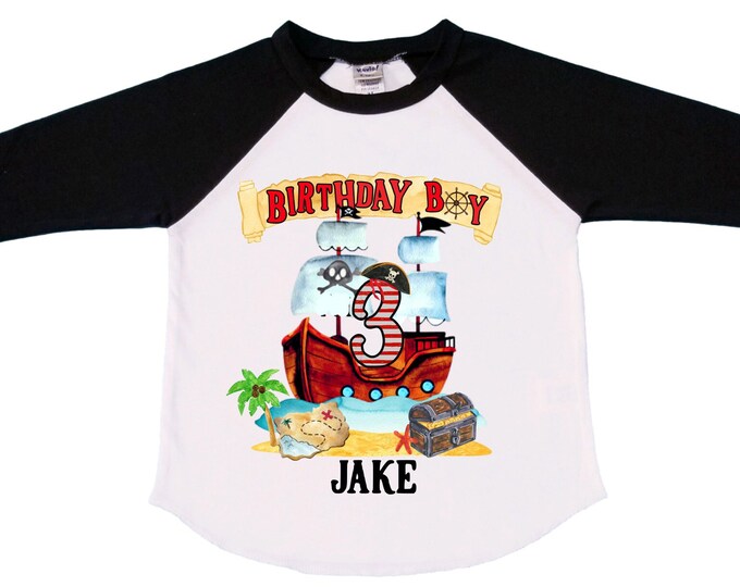 Personalized Pirate Ship theme Birthday Shirt. THREE Birthday. Boy's Pirate Birthday. Timber me Shivers. Arr Matey. Ahoy Matey. Arrgh. 3rd