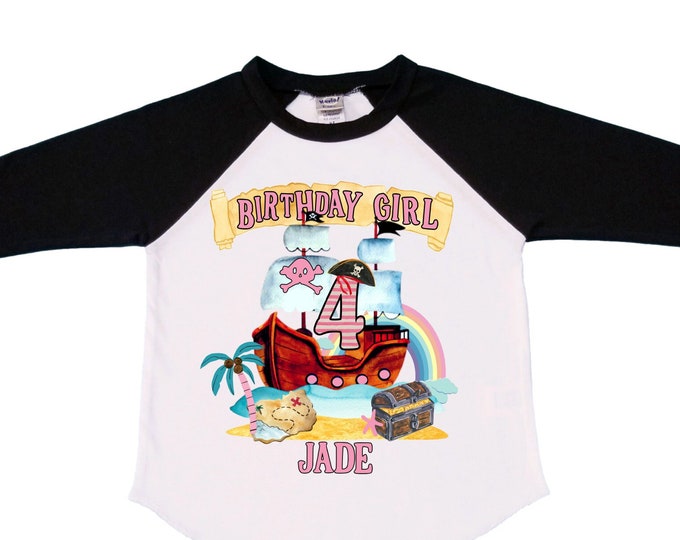 Personalized Pirate Ship Rainbow Four Birthday Girl Shirt. Ahoy Matey, Arrgh, Arr Matey. Shiver Me Timbers Pirate Themed 4th Birthday