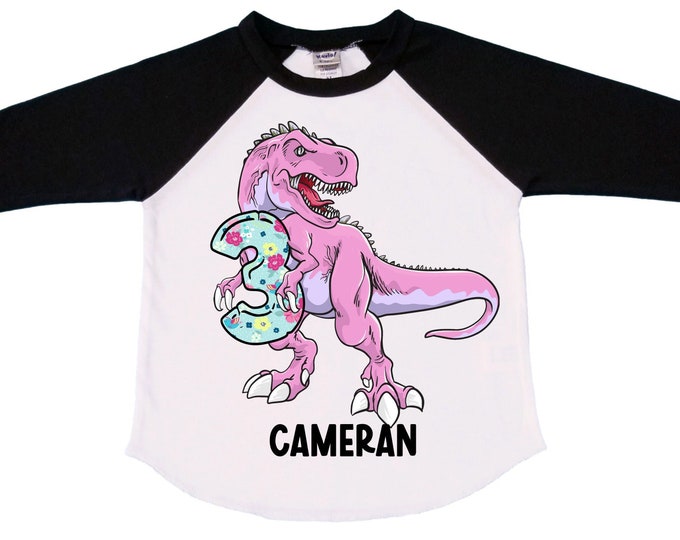 Personalized Dinosaur theme Birthday Shirt. Three Birthday. Girl's Floral Dino Birthday Shirt. Dinosaur Birthday Shirt. THREE Rex