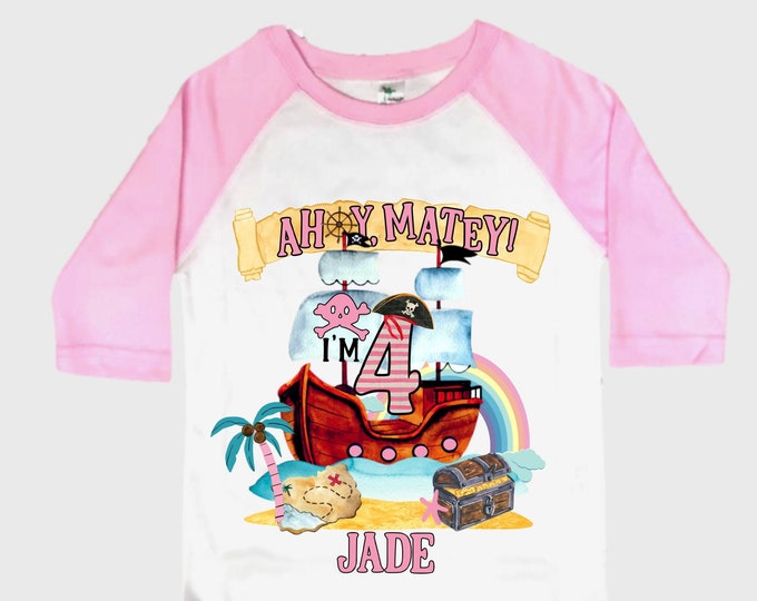 Personalized Pirate Ship Rainbow Four Birthday Girl Shirt. Ahoy Matey, Arrgh, Arr Matey. Shiver Me Timbers Pirate Themed 4th Birthday