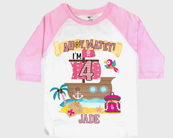 Personalized Pirate Ship Rainbow Four Birthday Girl Shirt. Ahoy Matey, Arrgh, Arr Matey. Shiver Me Timbers Pirate Themed 4th Birthday