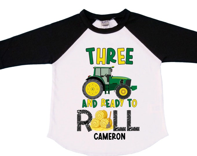 Personalized Tractor theme Birthday Shirt. THREE Birthday. Boy's Truck Birthday Shirt. Tractor Racing Birthday Shirt.