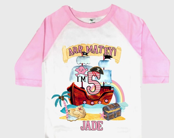 Personalized Pirate Rainbow FIVE Birthday Girl Shirt. Ahoy Matey, Arrgh, Arr Matey. Shiver Me Timbers Pirate 5th Birthday Shirt