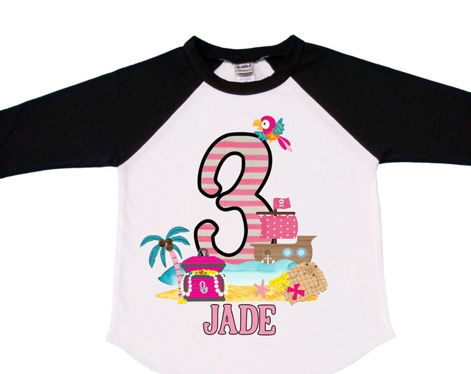 Personalized Pirate Ship Rainbow Three Girl Birthday Shirt. Pirate. Ahoy Matey, Arr Matey, Arrgh, Shiver Me Timbers Birthday Shirt. 3rd