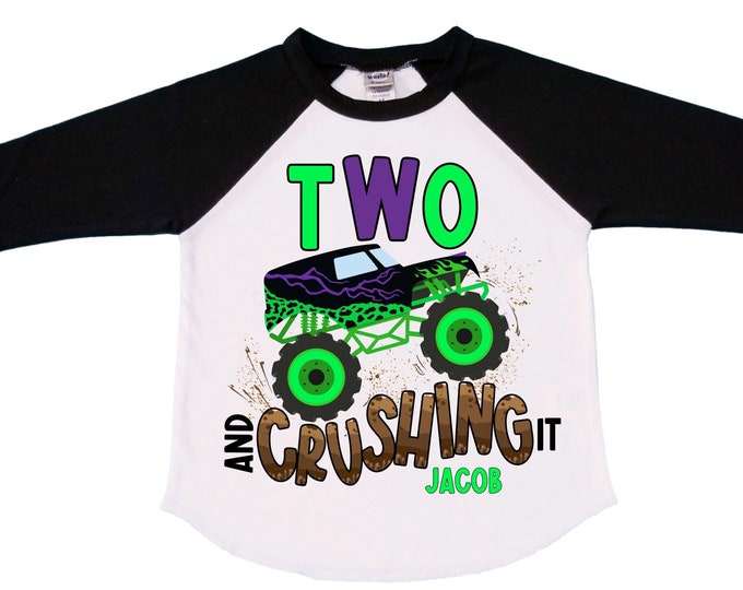Personalized Monster Truck theme Birthday Shirt. Two Birthday. Boy's Truck Birthday Shirt. Monster Truck Racing Birthday Shirt.