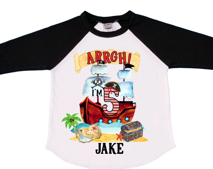 Personalized Pirate Ship FIVE Pirate Ship theme Birthday Shirt. Five Birthday. Boy's Pirate. Ahoy Matey, Arr Matey, Arrgh, Shiver Me Timber