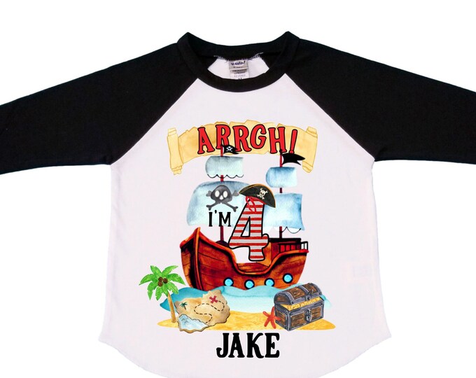 Personalized Pirate Ship FOUR  Raglan Pirate Ship theme Birthday Shirt. Arr matey. Ahoy Matey. Timber Me Shivers. 4th Pirate themed Party.