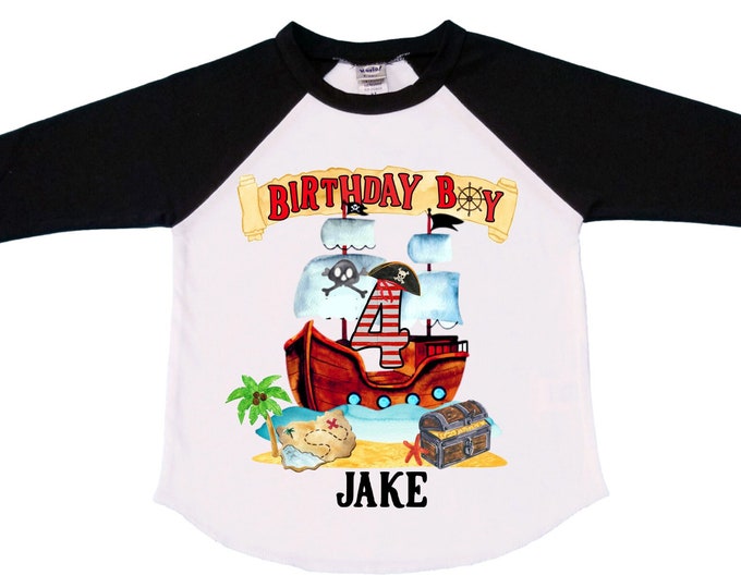 Personalized Pirate Ship FOUR  Raglan Pirate Ship theme Birthday Shirt. Arr matey. Ahoy Matey. Timber Me Shivers. 4th Pirate themed Party.