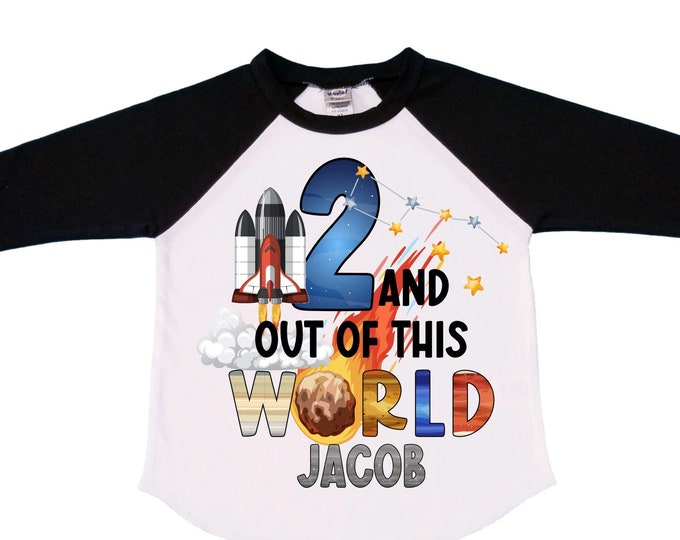 Personalized Space Birthday TWO Astronaut theme Birthday Shirt. TWO Birthday. Boy's Birthday Shirt. Spaceship Space ship Birthday Shirt.