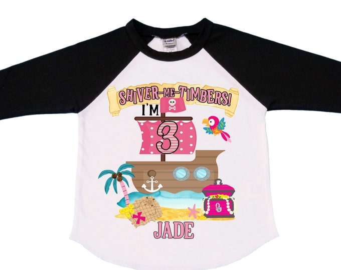 Personalized Pirate Ship Rainbow Three Girl Birthday Shirt. Pirate. Ahoy Matey, Arr Matey, Arrgh, Shiver Me Timbers Birthday Shirt. 3rd