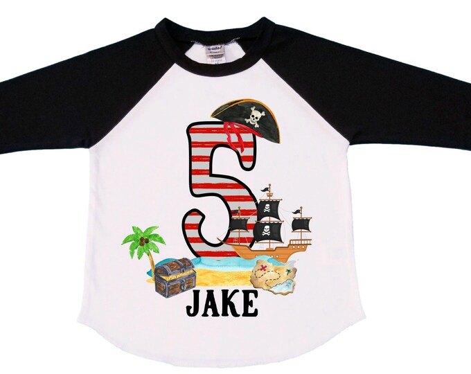 Personalized Pirate Ship FIVE Pirate Ship theme Birthday Shirt. Five Birthday. Boy's Pirate. Ahoy Matey, Arr Matey, Arrgh, Shiver Me Timber