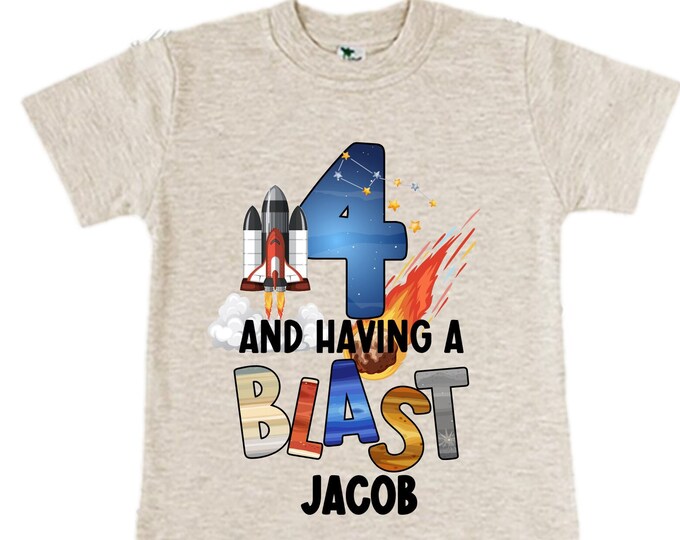 Personalized Space Birthday FOUR Astronaut theme Birthday Shirt. FOUR Birthday. Boy's Birthday Shirt. Spaceship Space ship Birthday Shirt.