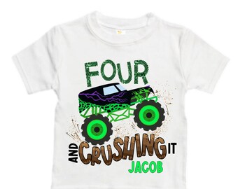 Personalized Monster Truck Crushing IT Birthday Shirt. FOUR  Birthday. Boy's Truck Birthday Shirt. Monster Truck Racing Birthday Shirt.