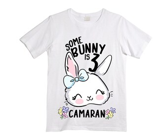 Some BUNNY is THREE - Bunny Rabbit Birthday Girl Shirt. Cake Smash Birthday Shirt. Three . Birthday Shirt