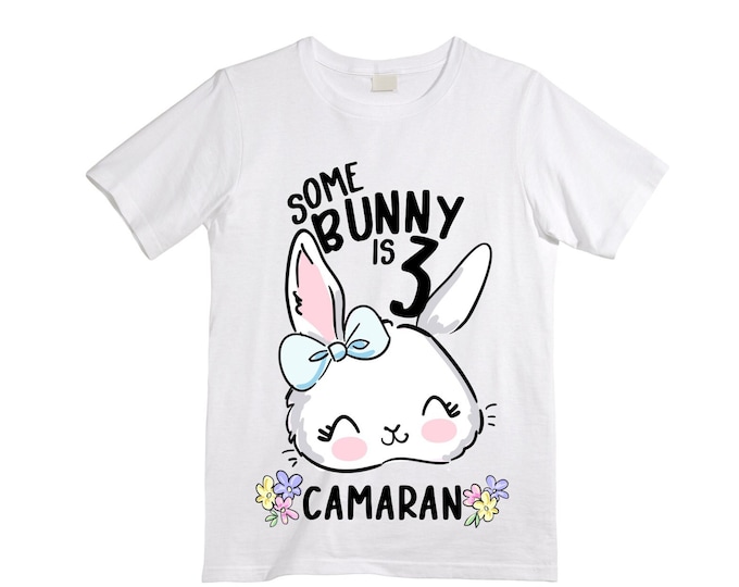 Some BUNNY is THREE - Bunny Rabbit Birthday Girl Shirt. Cake Smash Birthday Shirt. Three . Birthday Shirt