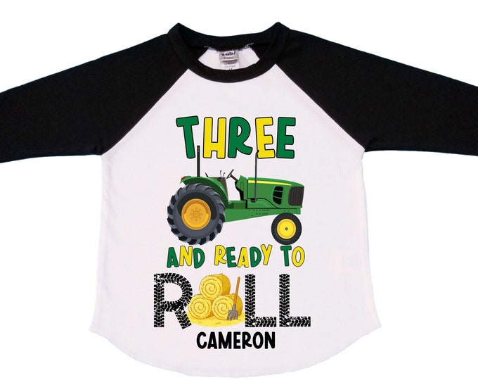 Personalized Tractor theme Birthday Shirt. THREE Birthday. Boy's Truck Birthday Shirt. Tractor Racing Birthday Shirt.