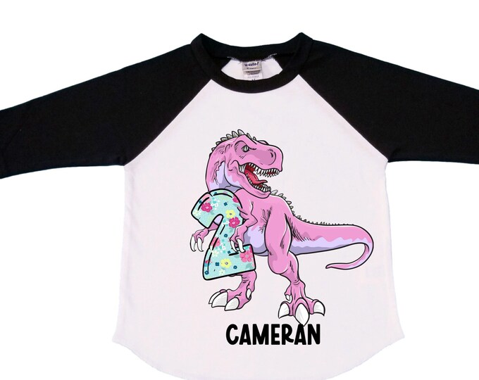 Personalized Two Rex Raglan Dinosaur theme Birthday Shirt. Two Birthday. Girl's Dino Birthday Shirt. Dinosaur Birthday Shirt.