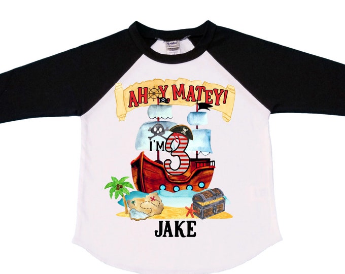 Personalized Pirate Ship theme Birthday Shirt. THREE Birthday. Boy's Pirate Birthday. Timber me Shivers. Arr Matey. Ahoy Matey. Arrgh. 3rd