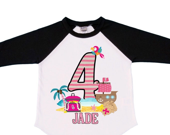 Personalized Pirate Ship Rainbow Four Birthday Girl Shirt. Ahoy Matey, Arrgh, Arr Matey. Shiver Me Timbers Pirate Themed 4th Birthday