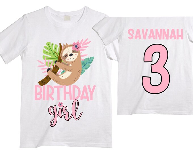 Personalized Sloth Themed THREE Birthday Girl Shirt. Cake Smash Sleeve Birthday Shirt. Three . Birthday Shirt