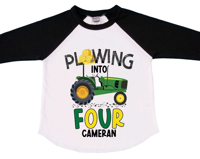 Personalized Tractor FOUR  Raglan Monster Truck theme Birthday Shirt. Two Birthday. Boy's Racing Birthday . Tractor Birthday .