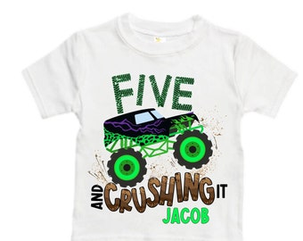 Personalized Monster Truck Crushing IT Birthday Shirt. FIVE Birthday. Boy's Truck Birthday Shirt. Monster Truck Racing Birthday Shirt.