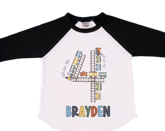 Personalized Choo Choo I'm 4 Train theme Birthday Shirt. Four Birthday. Boy's Train Birthday Shirt. Choo Choo Train Birthday Shirt.