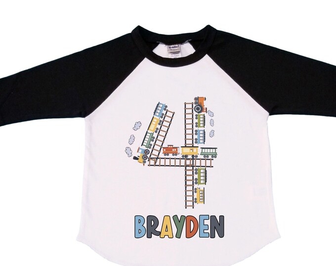 Personalized Choo Choo I'm 4 Train theme Birthday Shirt. Four Birthday. Boy's Train Birthday Shirt. Choo Choo Train Birthday Shirt.