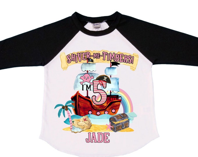 Personalized Pirate Rainbow FIVE Birthday Girl Shirt. Ahoy Matey, Arrgh, Arr Matey. Shiver Me Timbers Pirate 5th Birthday Shirt