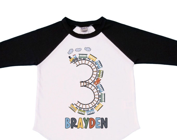 Personalized Choo Choo I'm 3 Train theme Birthday Shirt. Three Birthday. Boy's Train Birthday Shirt. Choo Choo Train Birthday Shirt.