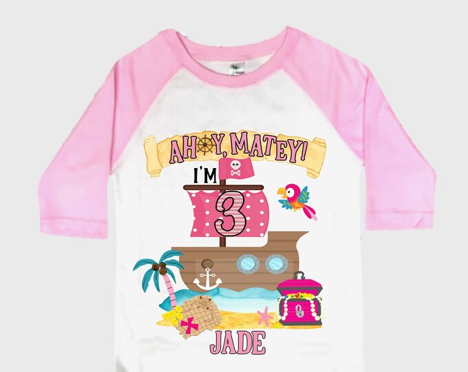 Personalized Pirate Ship Rainbow Three Girl Birthday Shirt. Pirate. Ahoy Matey, Arr Matey, Arrgh, Shiver Me Timbers Birthday Shirt. 3rd