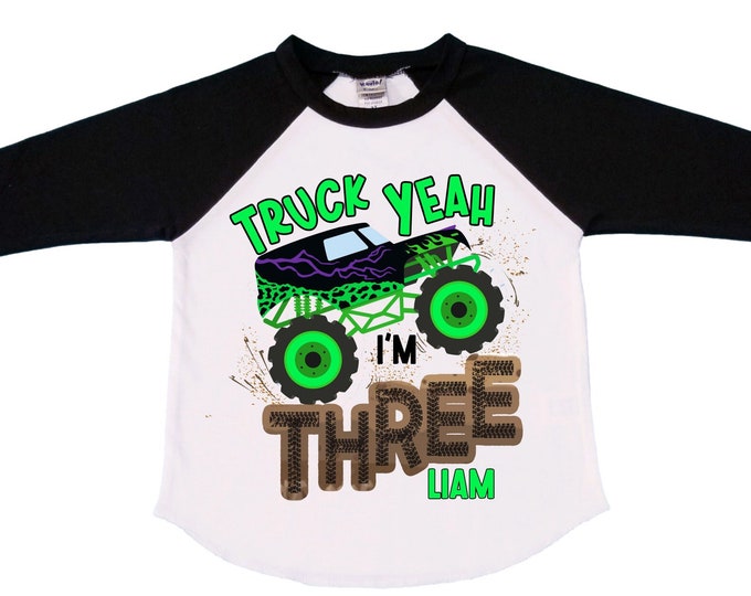 Personalized Monster Truck theme Birthday Shirt. THREE Birthday. Boy's Truck Birthday Shirt. Monster Truck Racing Birthday Shirt.
