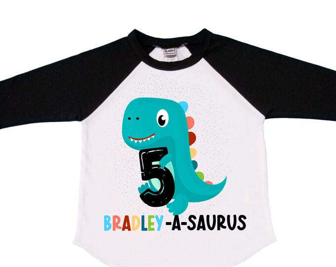 Personalized Dinosaur Themed Birthday Boy Raglan Dinosaur theme Birthday Shirt. FIVE Birthday. Boy's Dino Birthday. Dinosaur Birthday Shirt.