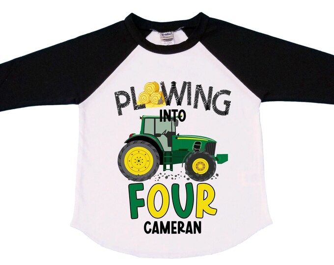 Personalized Tractor FOUR  Raglan Monster Truck theme Birthday Shirt. Two Birthday. Boy's Racing Birthday . Tractor Birthday .