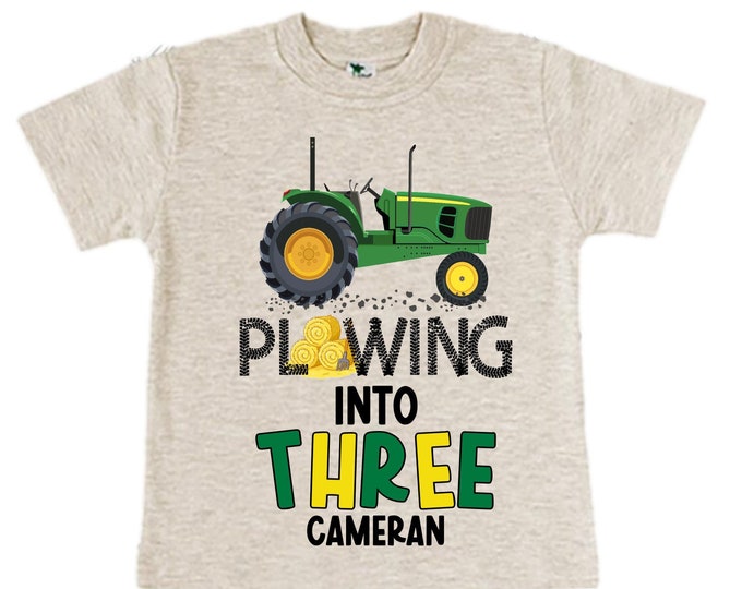 Personalized Tractor theme Birthday Shirt. THREE Birthday. Boy's Truck Birthday Shirt. Tractor Racing Birthday Shirt.
