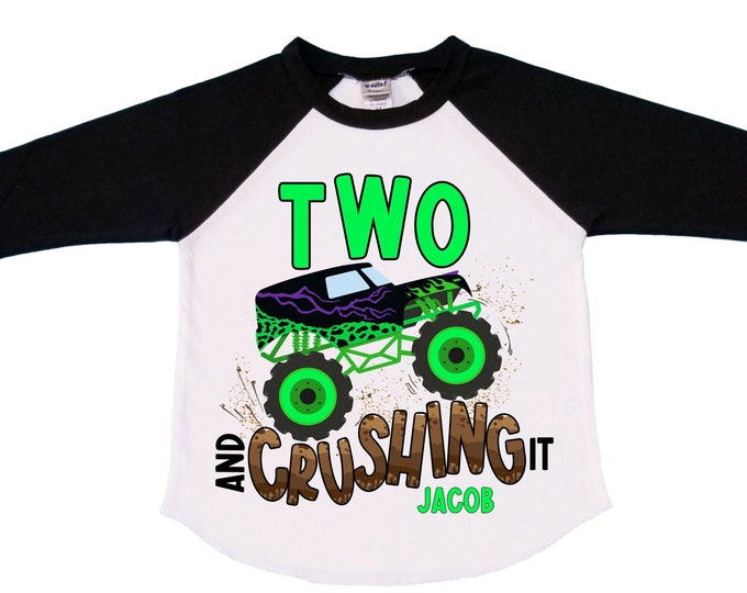 Personalized Monster Truck theme Birthday Shirt. Two Birthday. Boy's Truck Birthday Shirt. Monster Truck Racing Birthday Shirt.