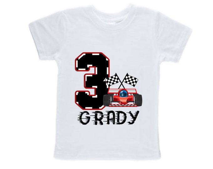 Personalized RaceCar theme Birthday Shirt. THREE Birthday. Boy's Racecar Birthday Shirt. Race Car Racing Birthday Shirt.