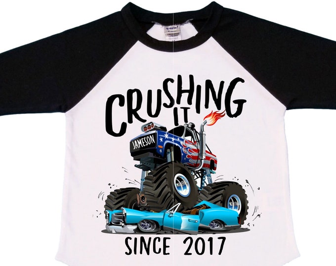Personalized Monster Truck Crushing IT Birthday Shirt. FOUR  Birthday. Boy's Truck Birthday Shirt. Monster Truck Racing Birthday Shirt.