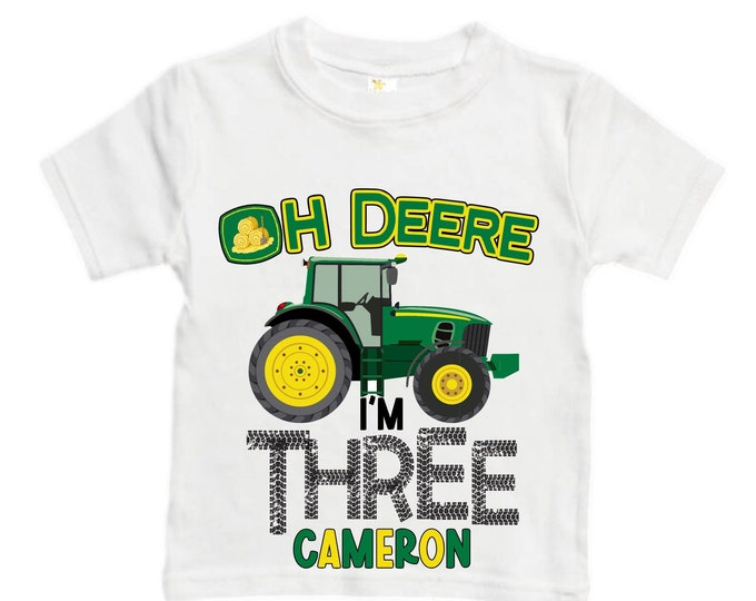 Personalized Tractor theme Birthday Shirt. THREE Birthday. Boy's Truck Birthday Shirt. Tractor Racing Birthday Shirt.