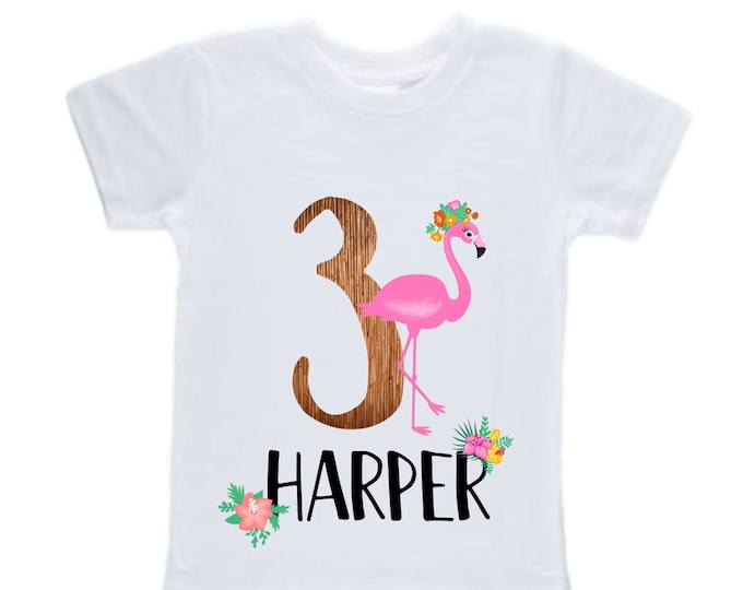 Personalized Flamingo Tropical Themed THREE Birthday Girl Shirt. Cake Smash Sleeve Birthday Shirt. Three . Birthday Shirt