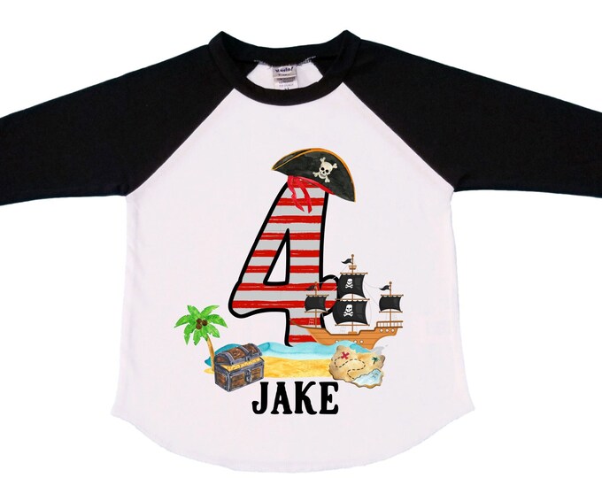 Personalized Pirate Ship FOUR  Raglan Pirate Ship theme Birthday Shirt. Arr matey. Ahoy Matey. Timber Me Shivers. 4th Pirate themed Party.