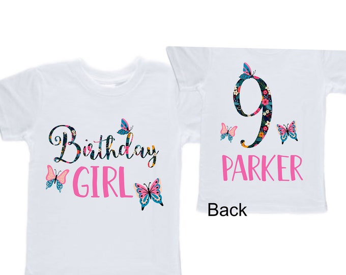 Personalized Butterfly NINE Birthday Girl Shirt. Cake Smash Short Sleeve Birthday Shirt. 9th . Birthday Shirt