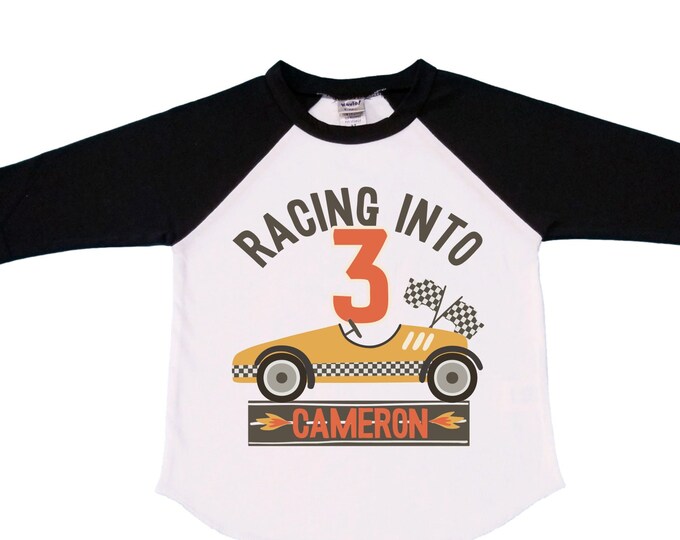 Personalized RaceCar theme Birthday Shirt. THREE Birthday. Boy's Racecar Birthday Shirt. Race Car Racing Birthday Shirt.