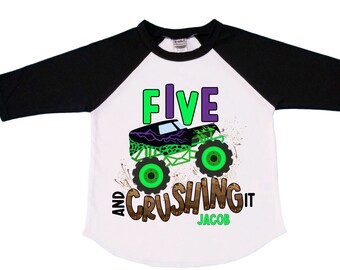 Personalized Monster Truck Crushing IT Birthday Shirt. FIVE Birthday. Boy's Truck Birthday Shirt. Monster Truck Racing Birthday Shirt.