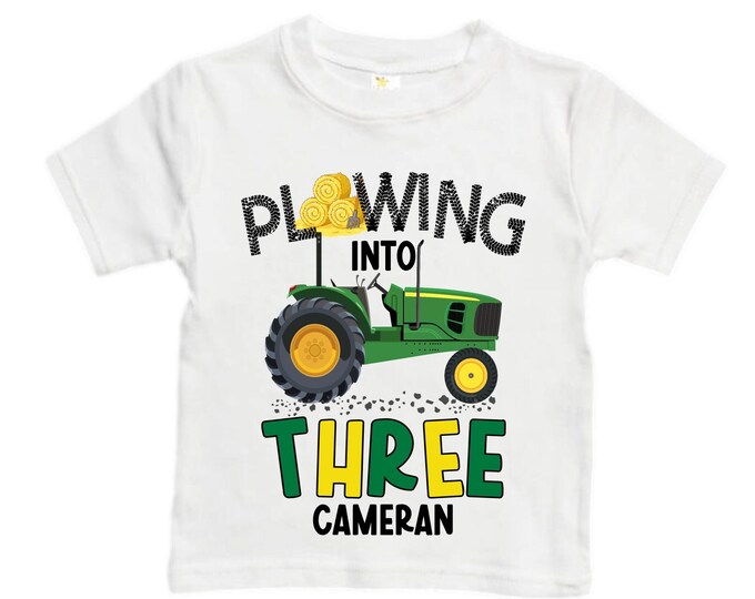 Personalized Tractor theme Birthday Shirt. THREE Birthday. Boy's Truck Birthday Shirt. Tractor Racing Birthday Shirt.