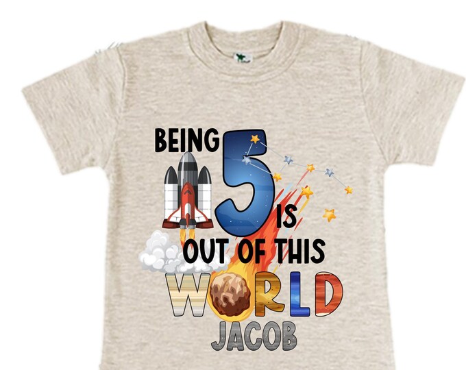 Personalized Space Birthday FIVE Astronaut theme Birthday Shirt. 5th Birthday. Boy's Birthday Shirt. Spaceship Space ship Birthday Shirt.